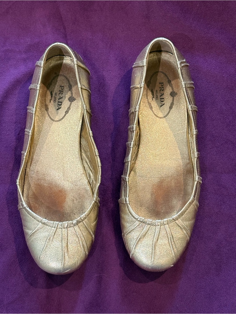 Prada Metallic Gold Ruched Ballet Flats